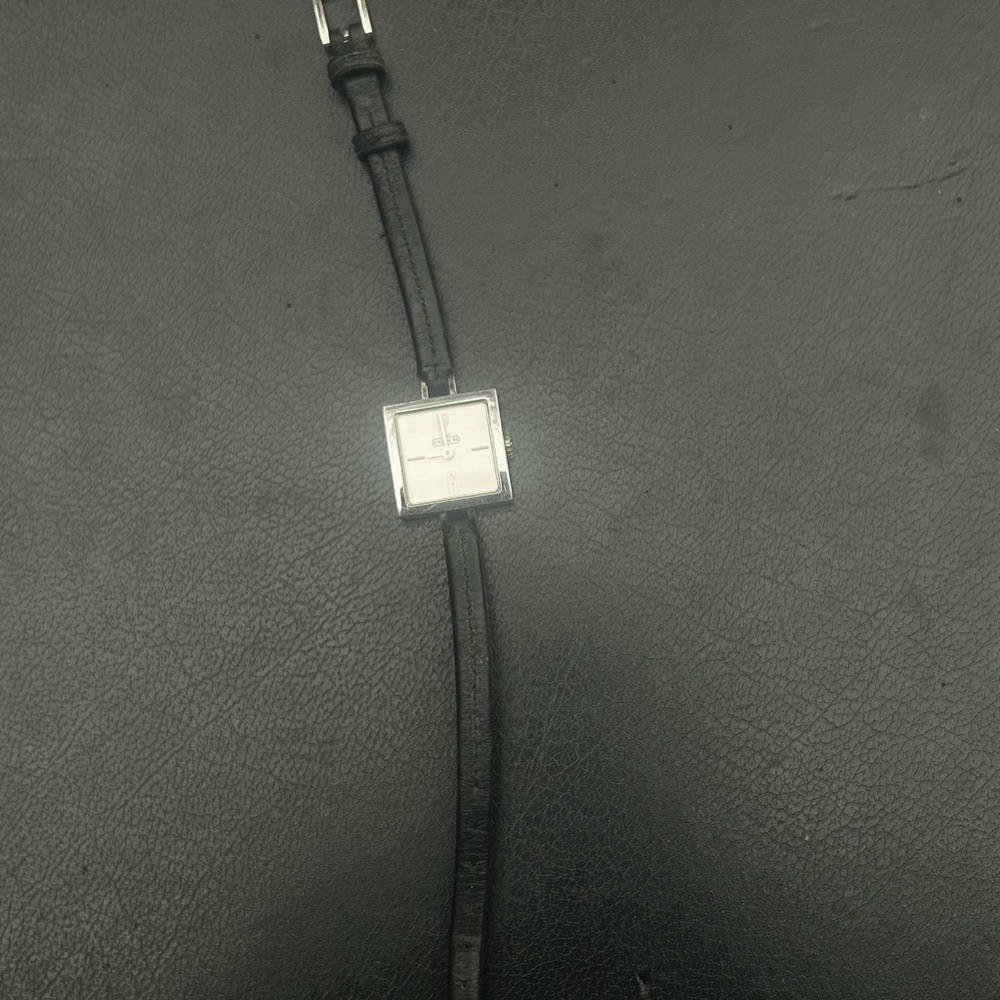 Coach Silver Square Face Watch with Black Leather Strap